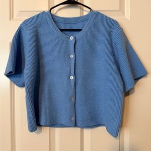 Blue Cropped Button-Front Knit Top